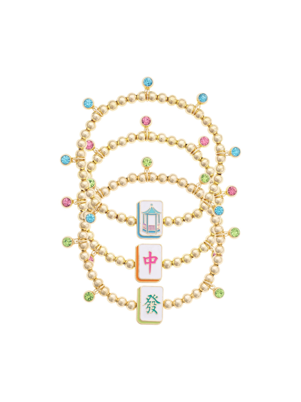 Mahjong Lucky Charms Ball Bead Bracelet Set of 3 in Gold