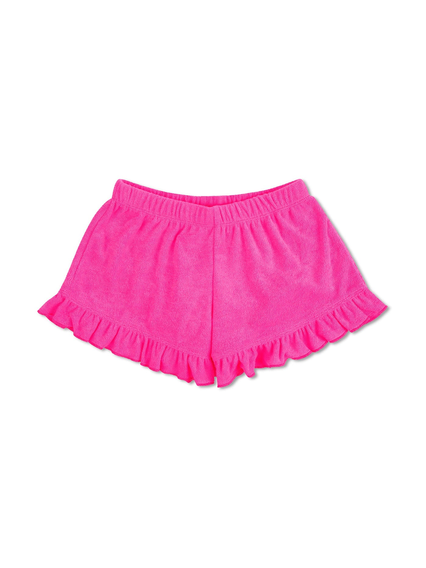 Hot pink terry ruffled shorts with elastic waistband and textured looped fabric