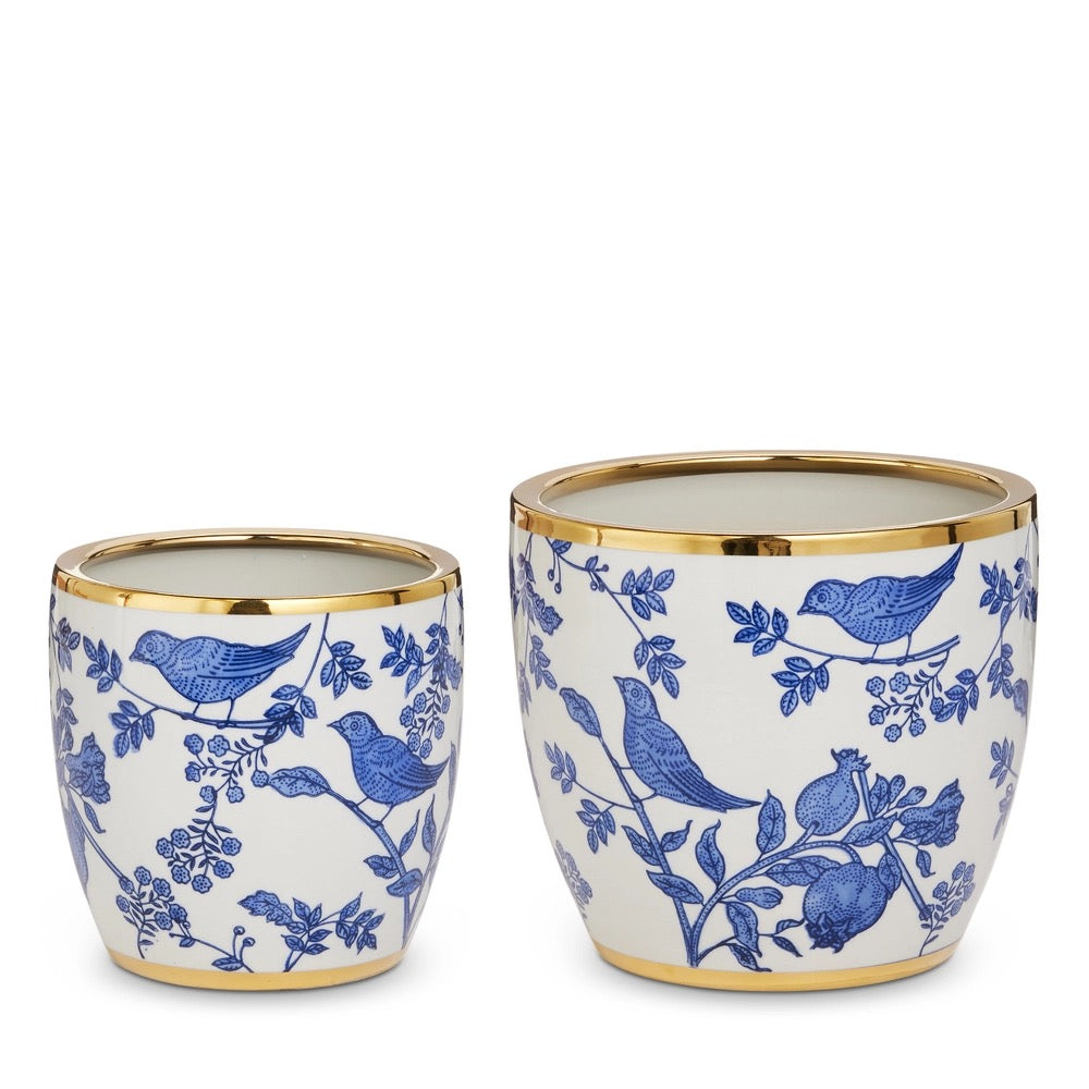Set of Blue Bird Chinoiserie Cache Pots