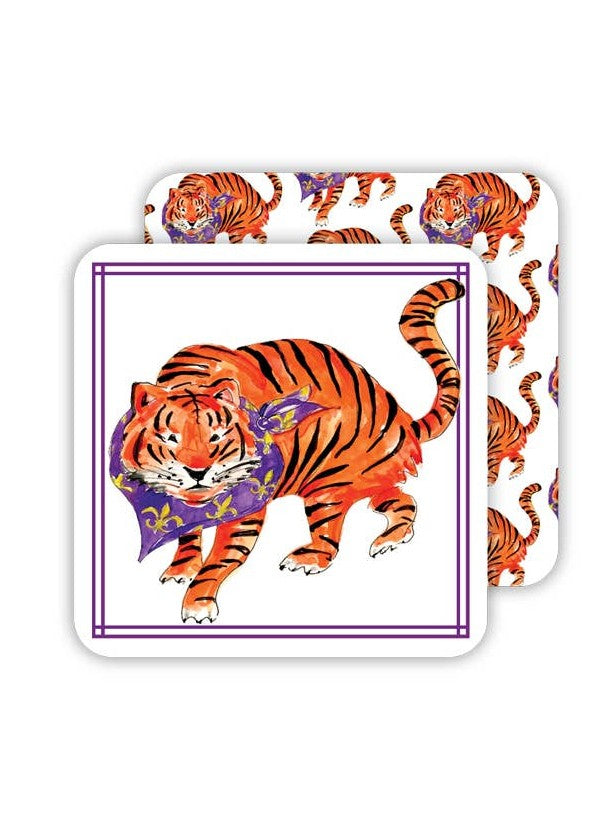 Tiger with Fleur de Lis Bandana Square Coaster