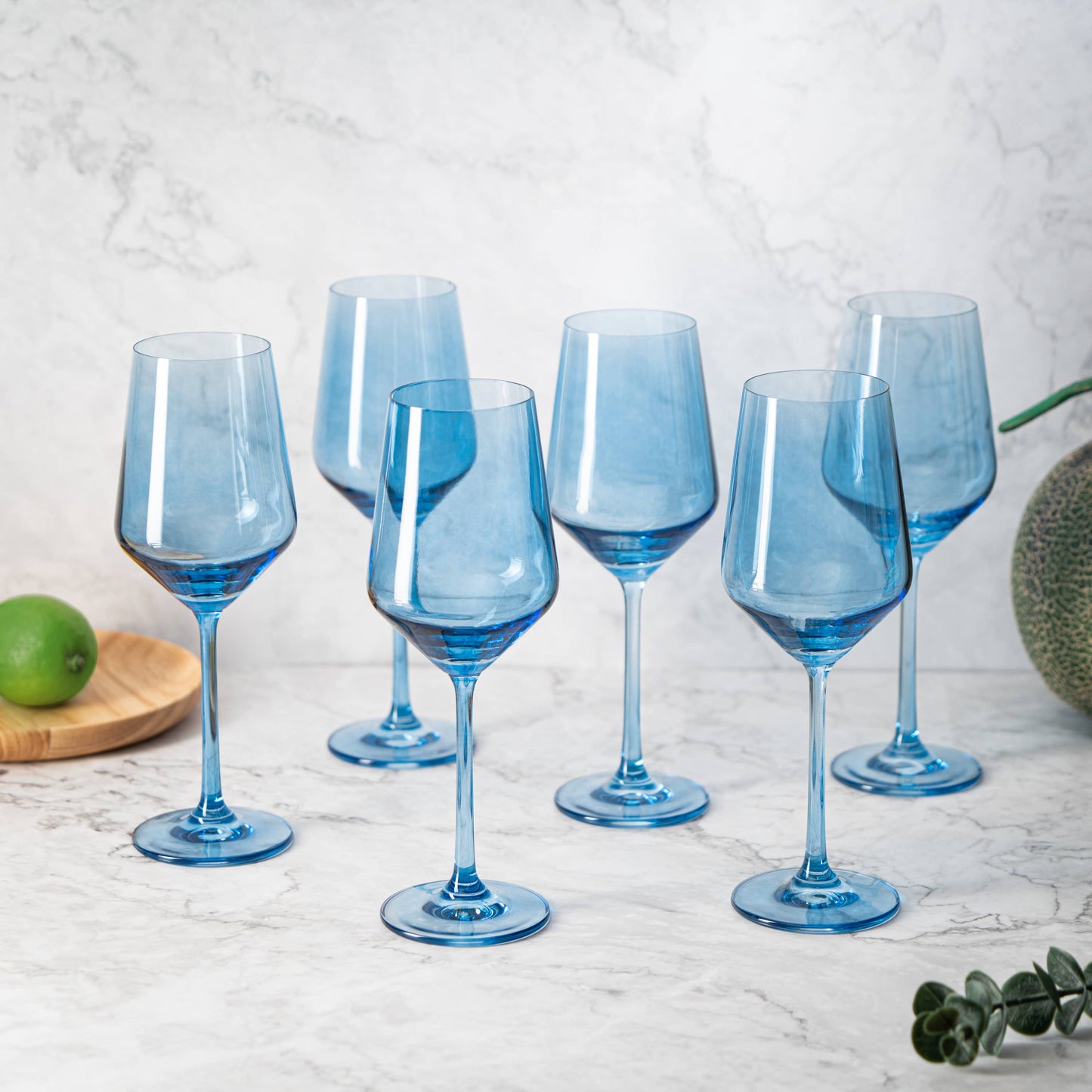 Blue Wine Glasses Set of 6 - 14 oz Colored Wine Glassware