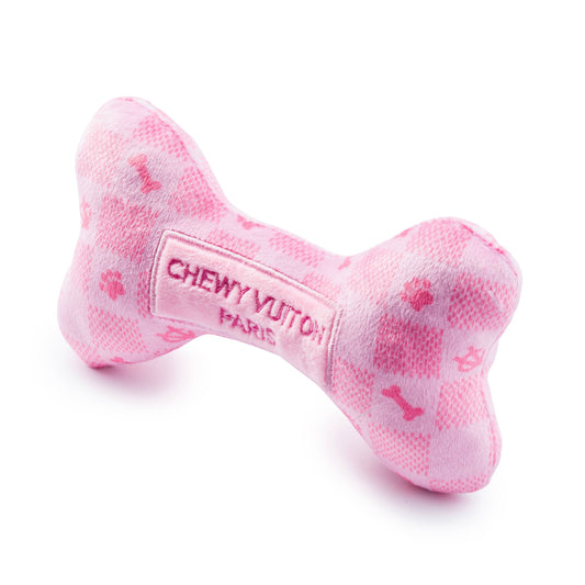 Pink Checker Chewy Vuiton Bone | Squeaker Dog Toy