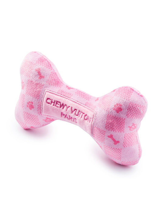 Pink Checker Chewy Vuiton Bone | Squeaker Dog Toy