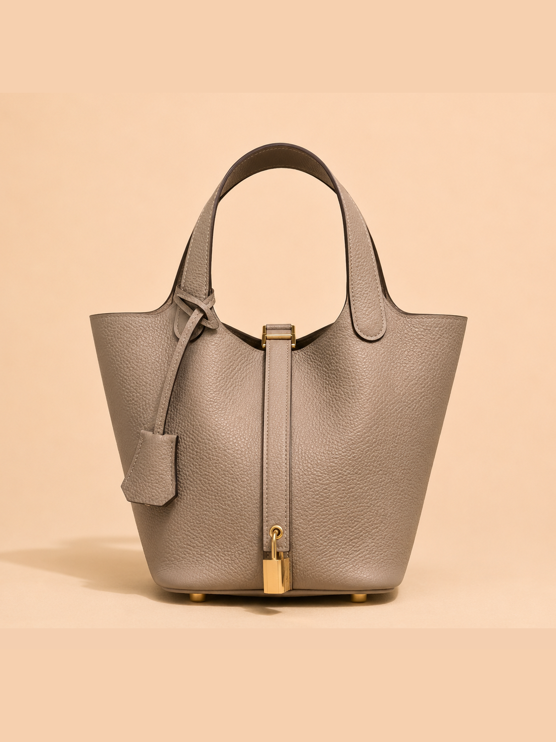 Leather Handbag with Lock - Soft Taupe
