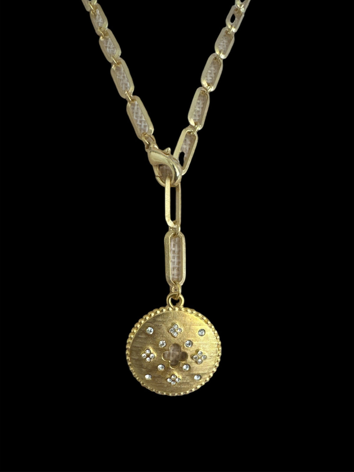 Gold Link Necklace with Pave Flowers and Cut Out
