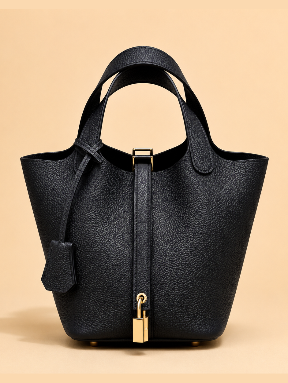 Leather Handbag with Lock - Black Mink