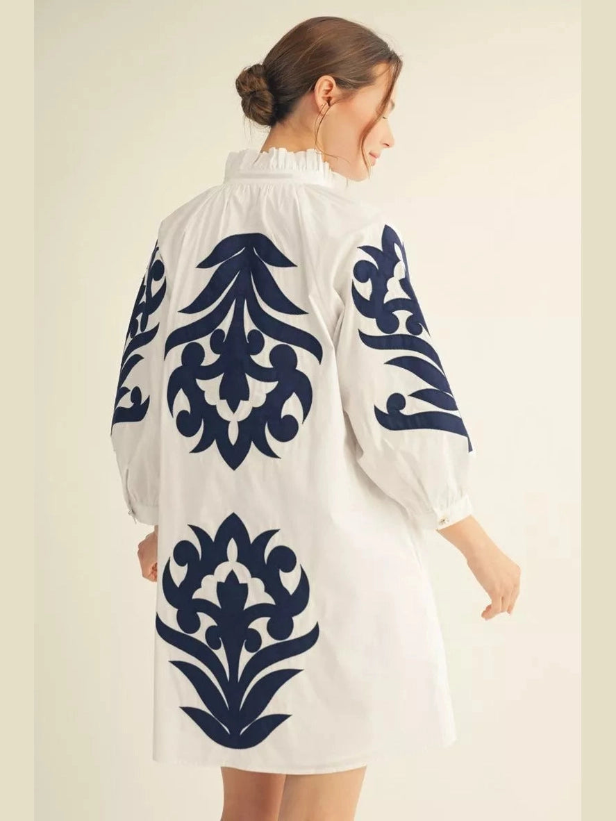 Navy Applique Floral Mini Dress