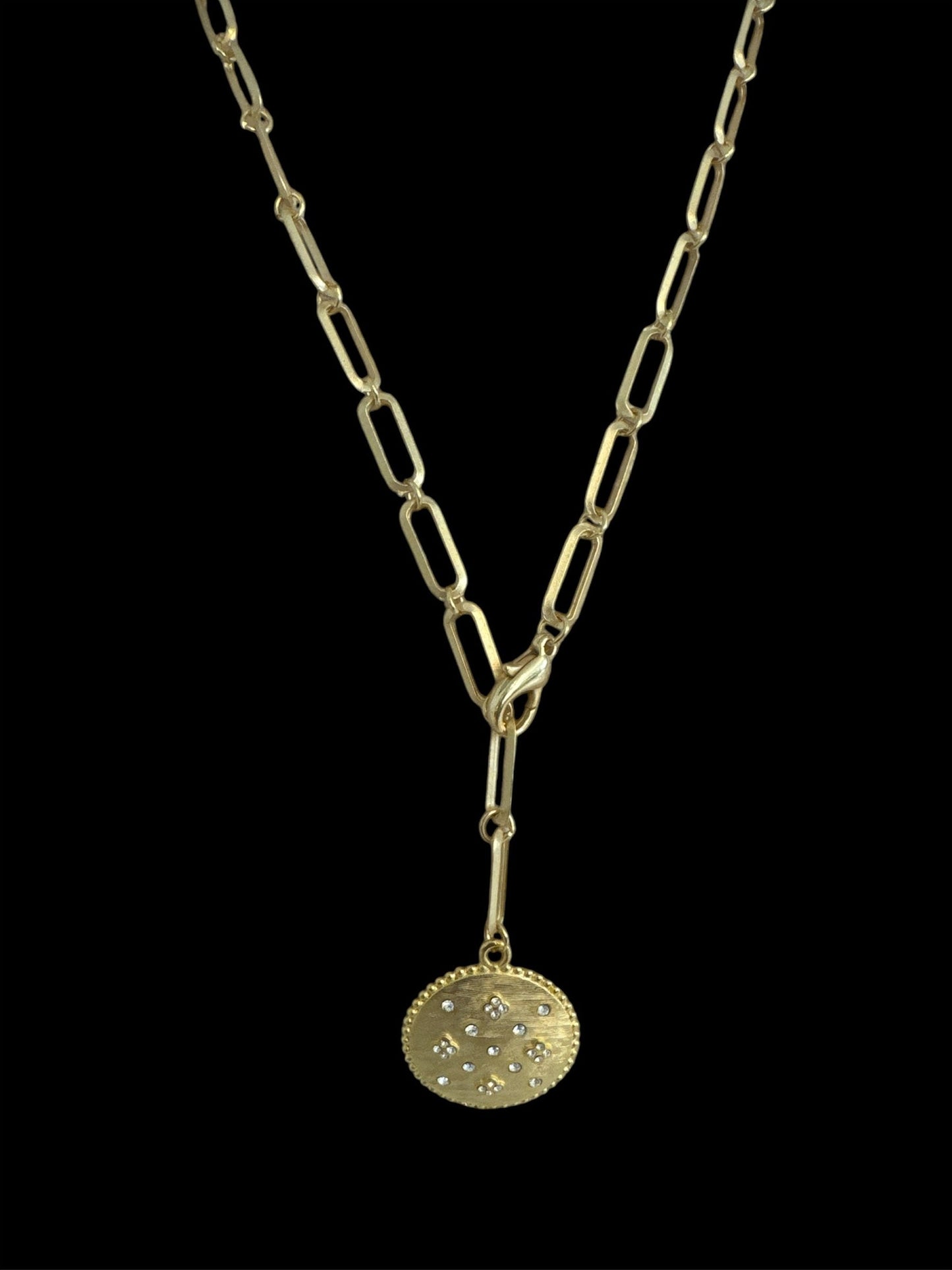 Gold Paper Clip Necklace with Round Disc and Pave Flowers