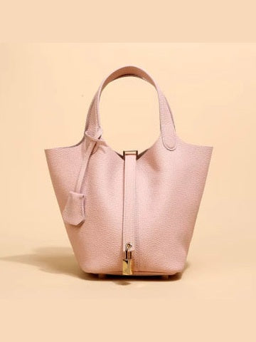 Leather Handbag with Lock - Petal Pink