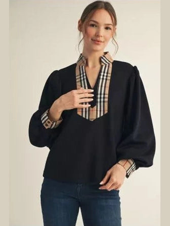 Long Puff Sleeve Top - Black and Plaid