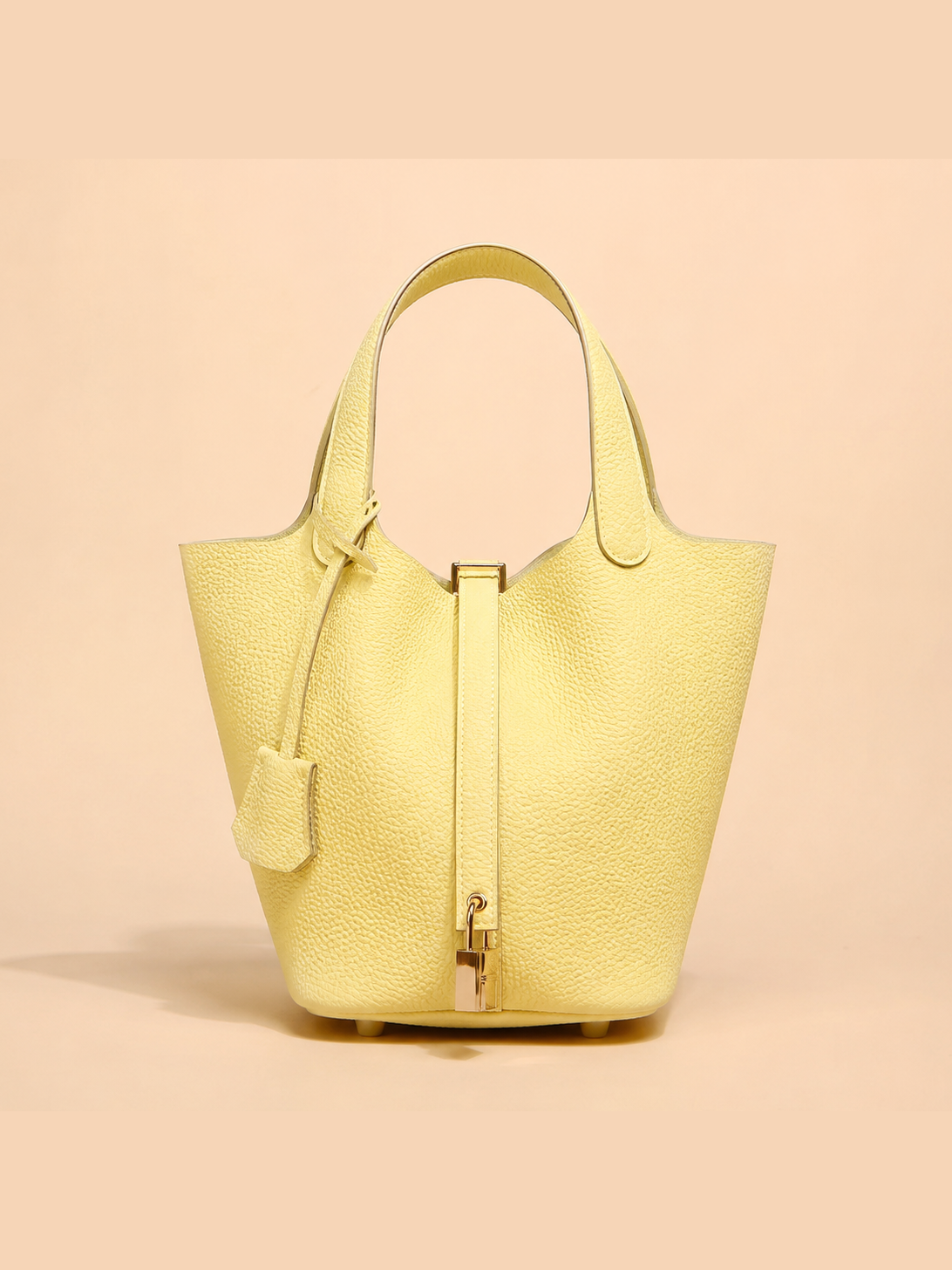 Leather Handbag with Lock - Chartreuse Yellow