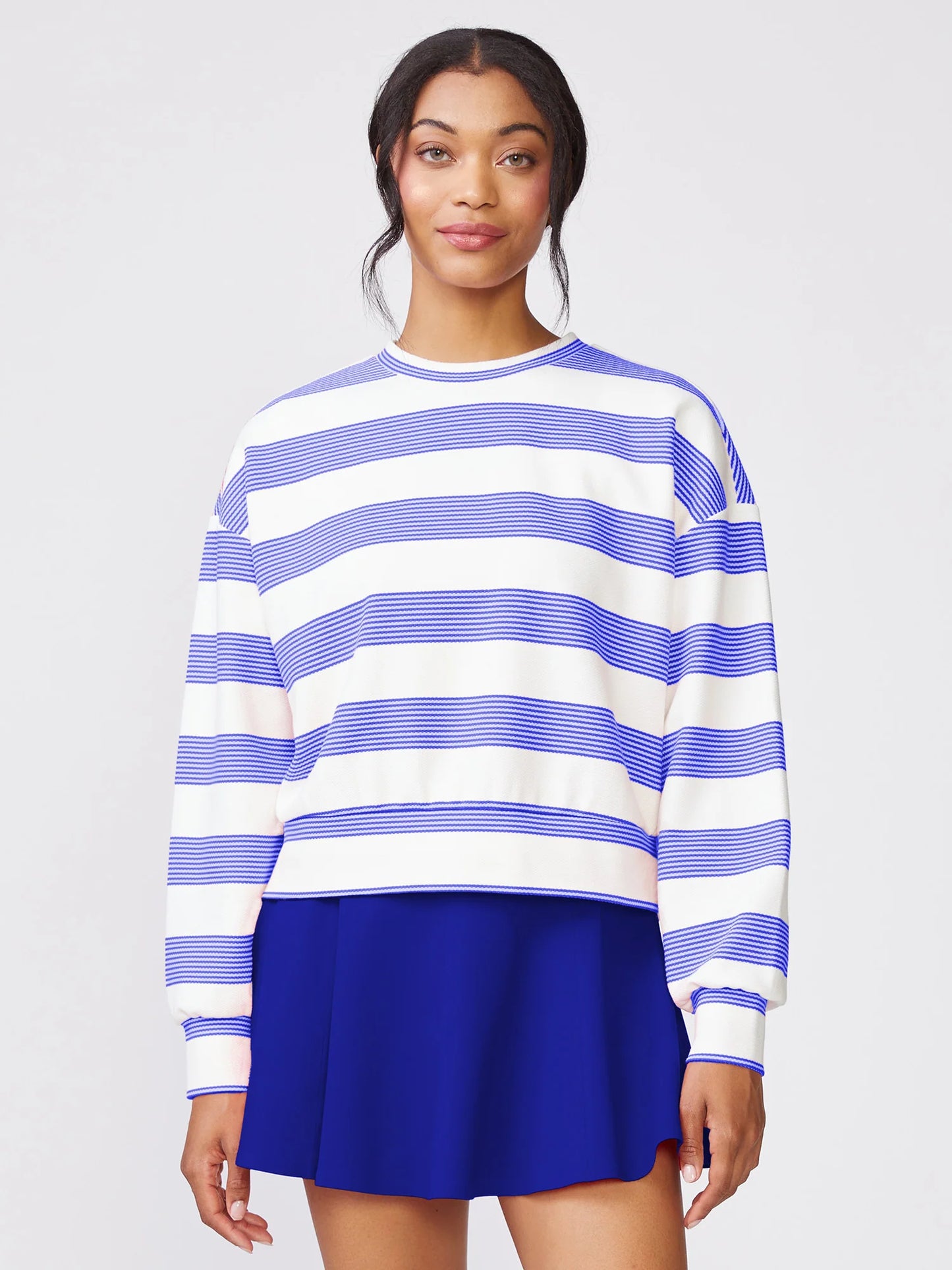 Stripe Pique Crewneck - White/Night Sky