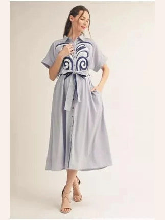 Pin Stripe Navy Applique Midi Dress