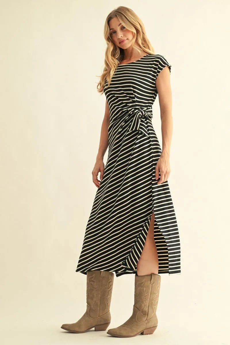 Drop Shoulder Stripe Midi Dress - Black