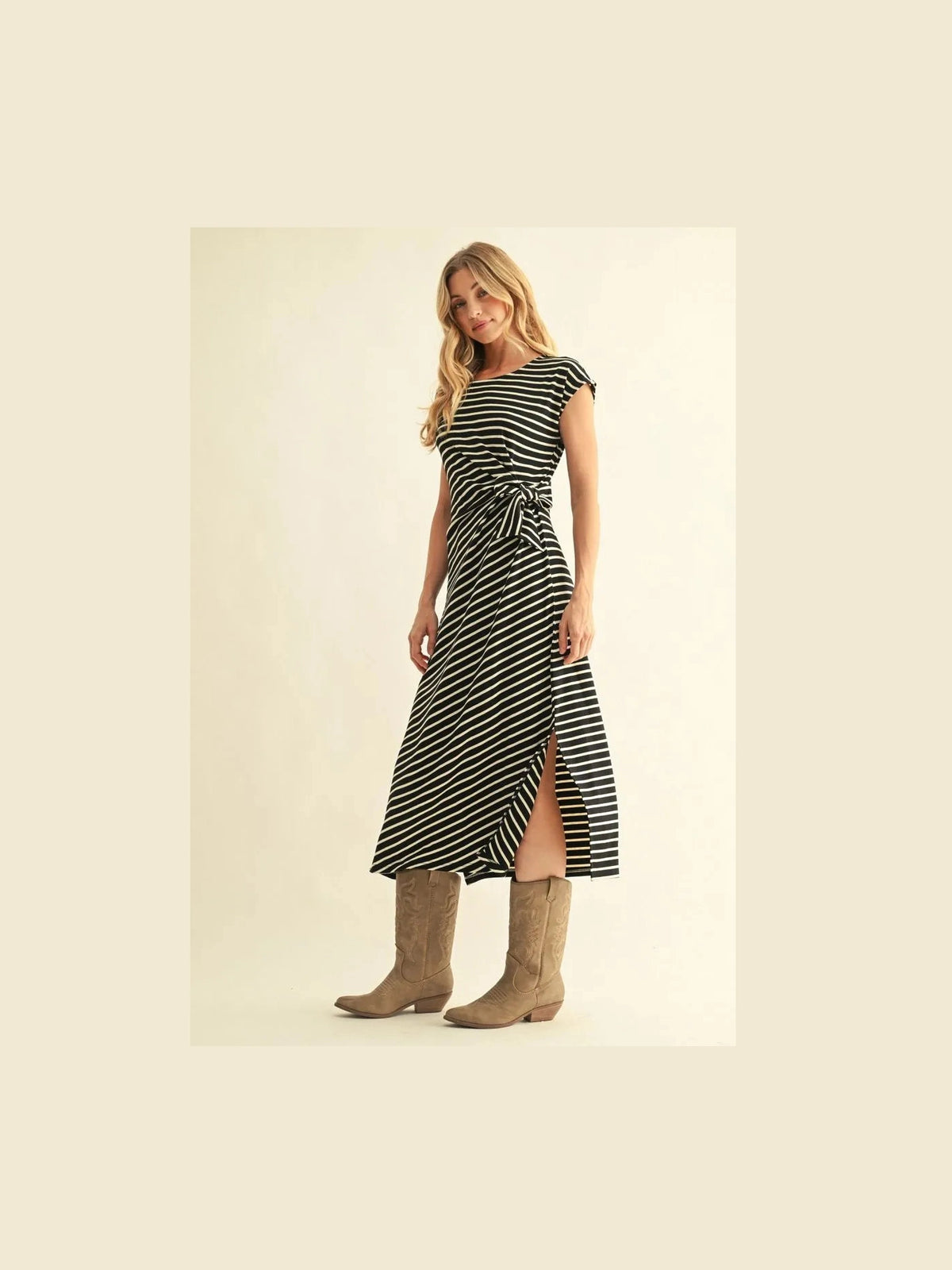 Drop Shoulder Stripe Midi Dress - Black