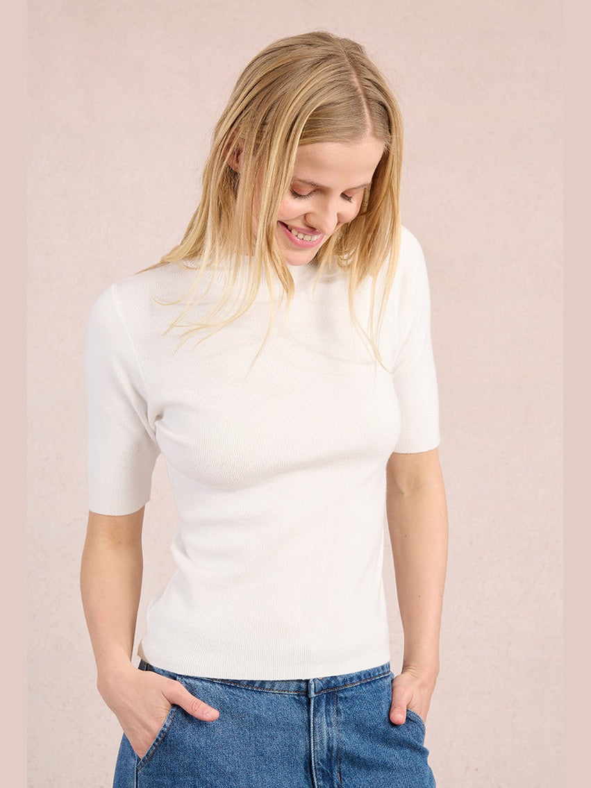 Mockneck Short Sleeve Sweater- Offwhite