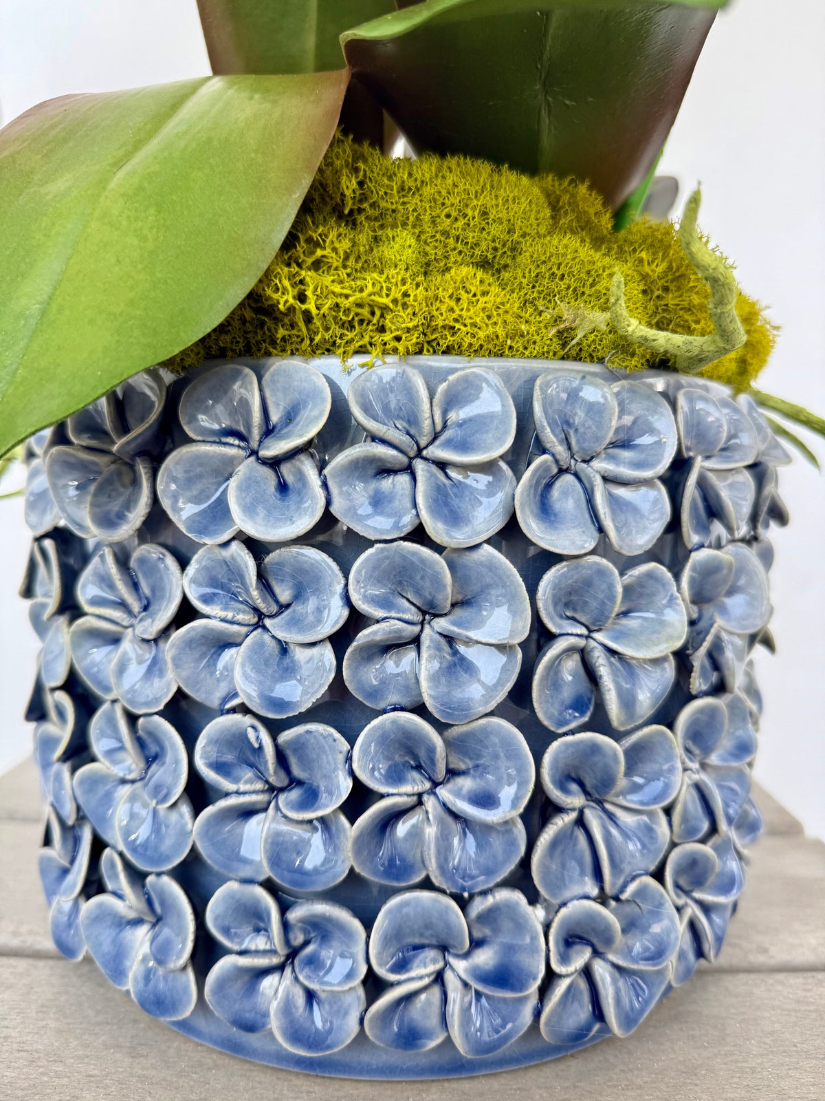 Double White Orchids in Blue Flower Pot