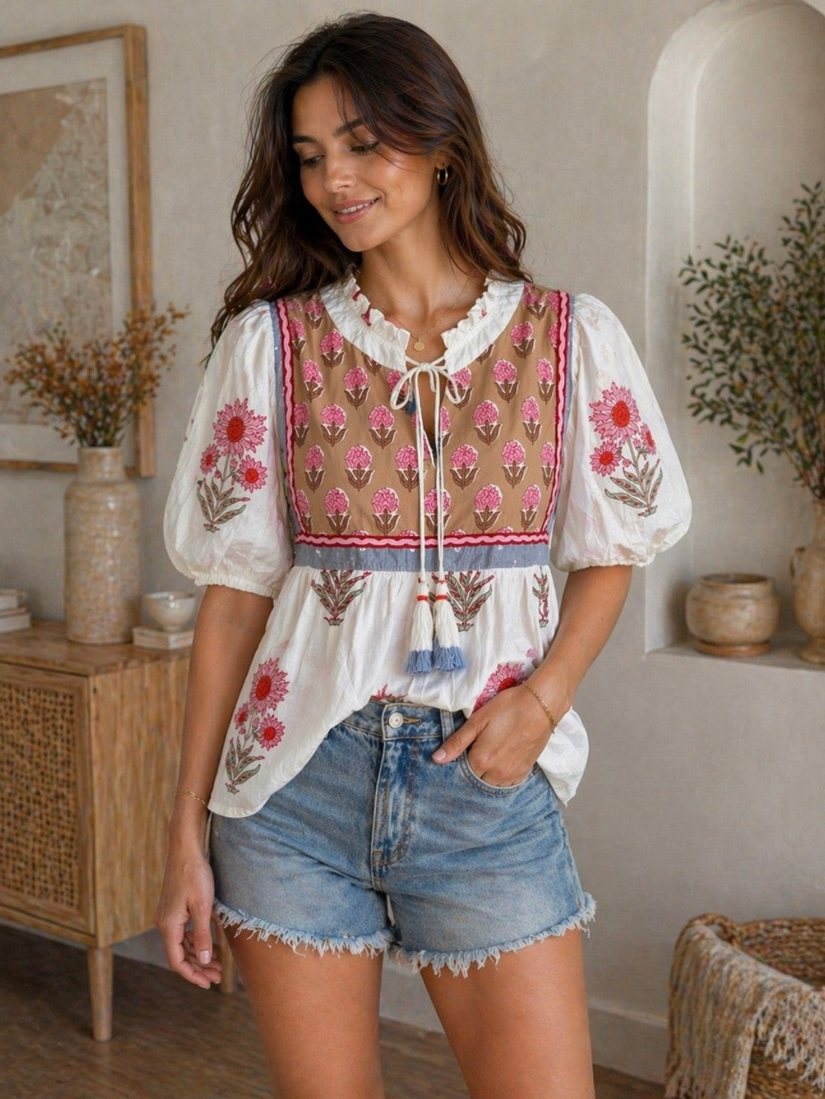 Puff sleeve floral pattern tassel top