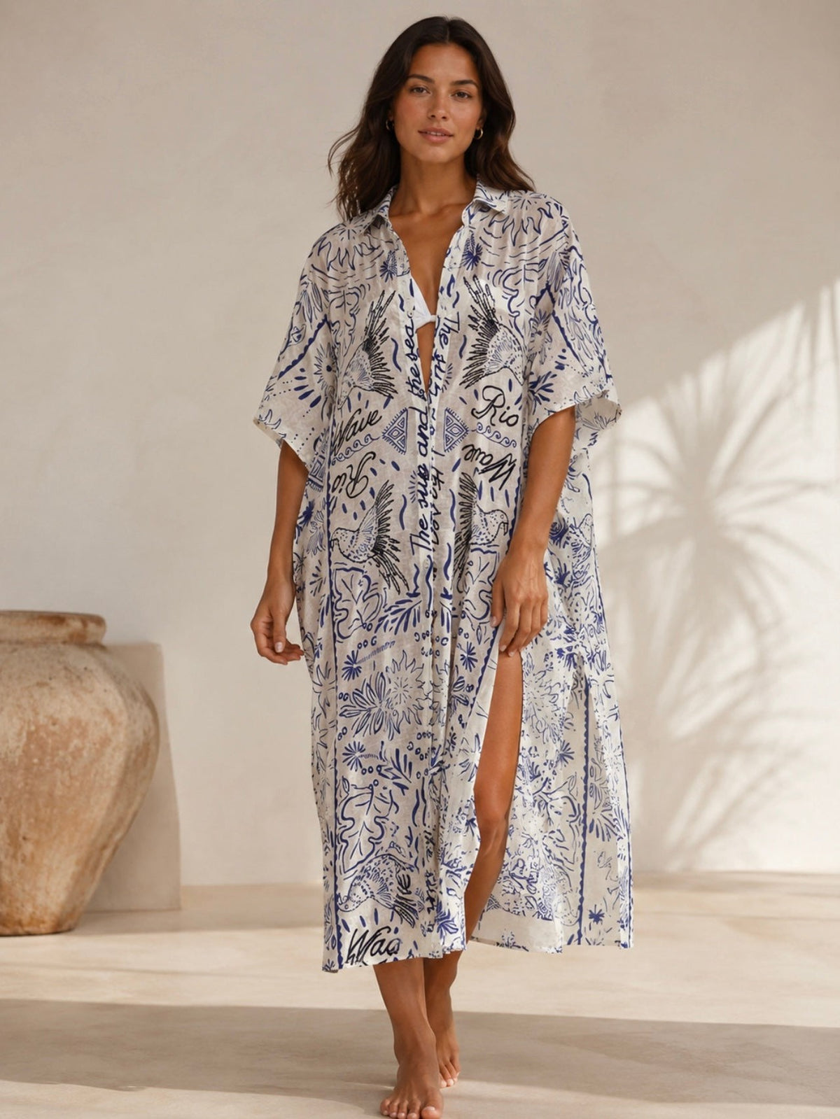Embroidered Beach Coverup - Indigo