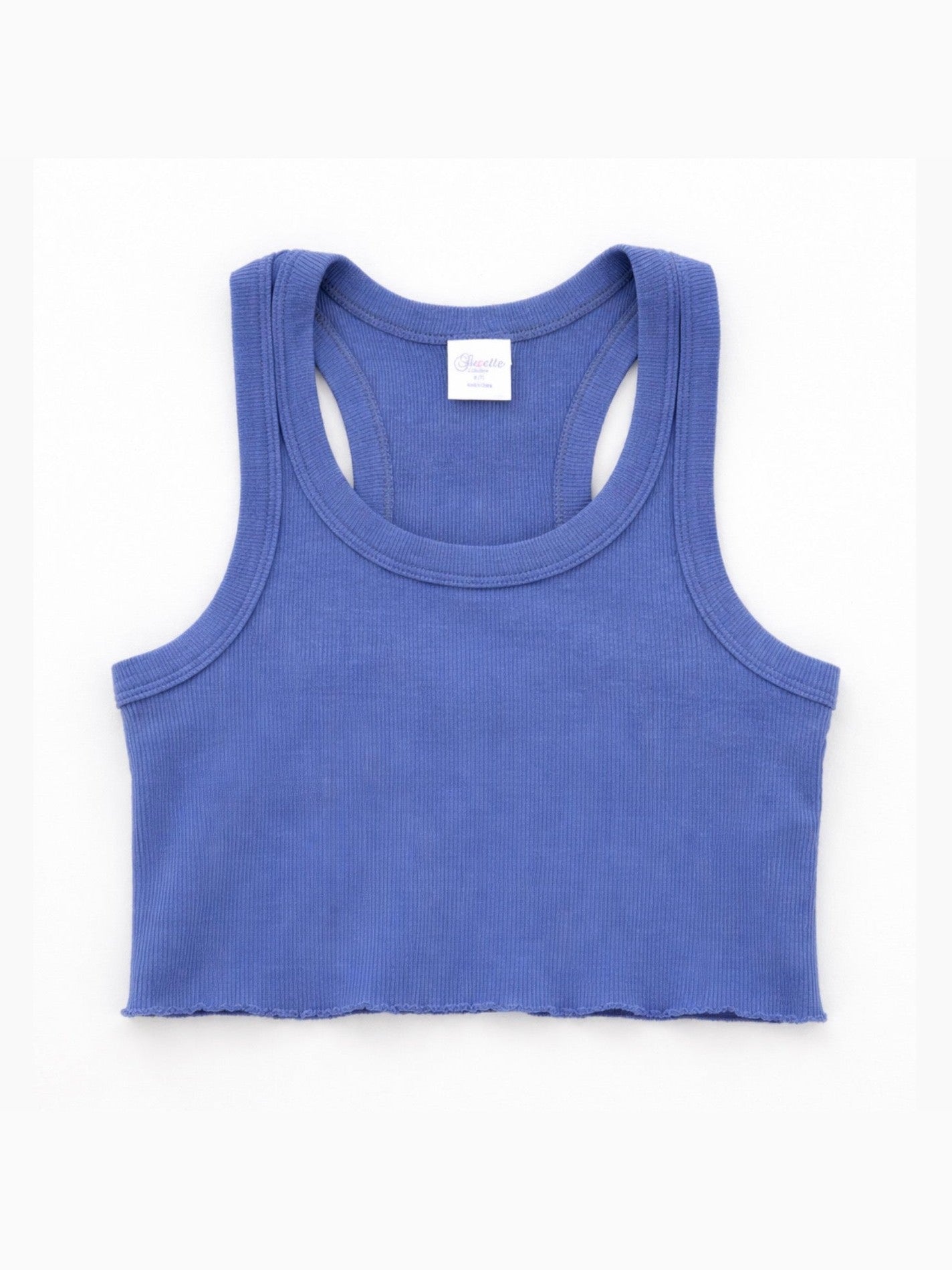Girls periwinkle blue ribbed crop tank top with scoop neck and raw hem