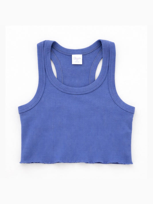 Girls periwinkle blue ribbed crop tank top with scoop neck and raw hem