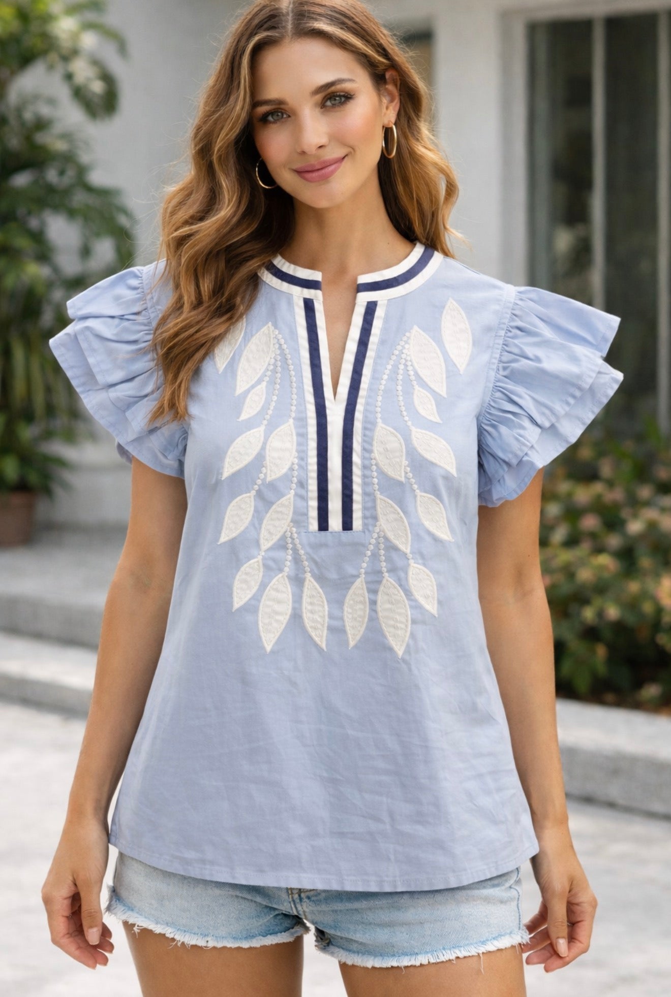 Falling Leaves Top - Pale Blue