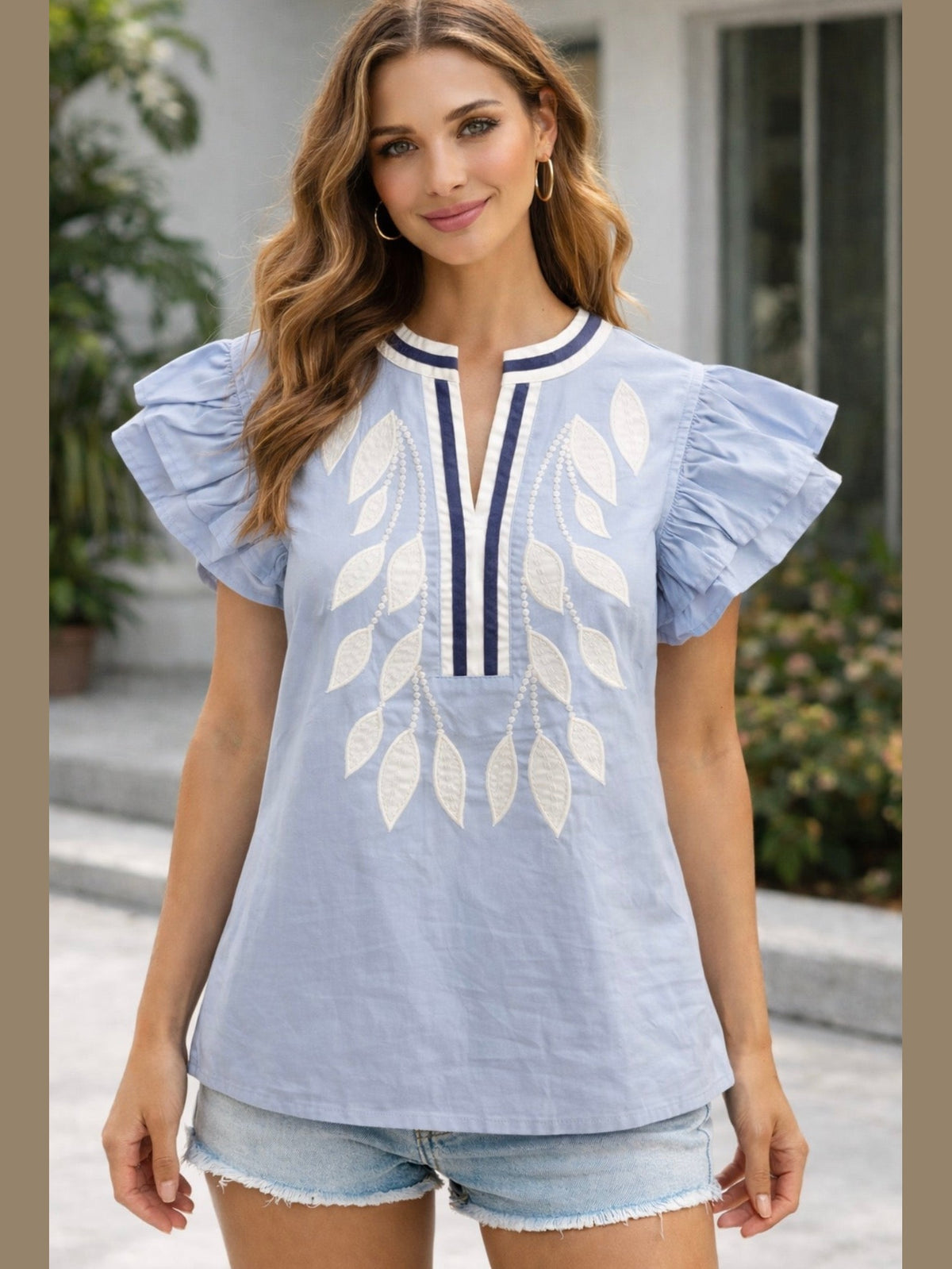 Falling Leaves Top - Pale Blue