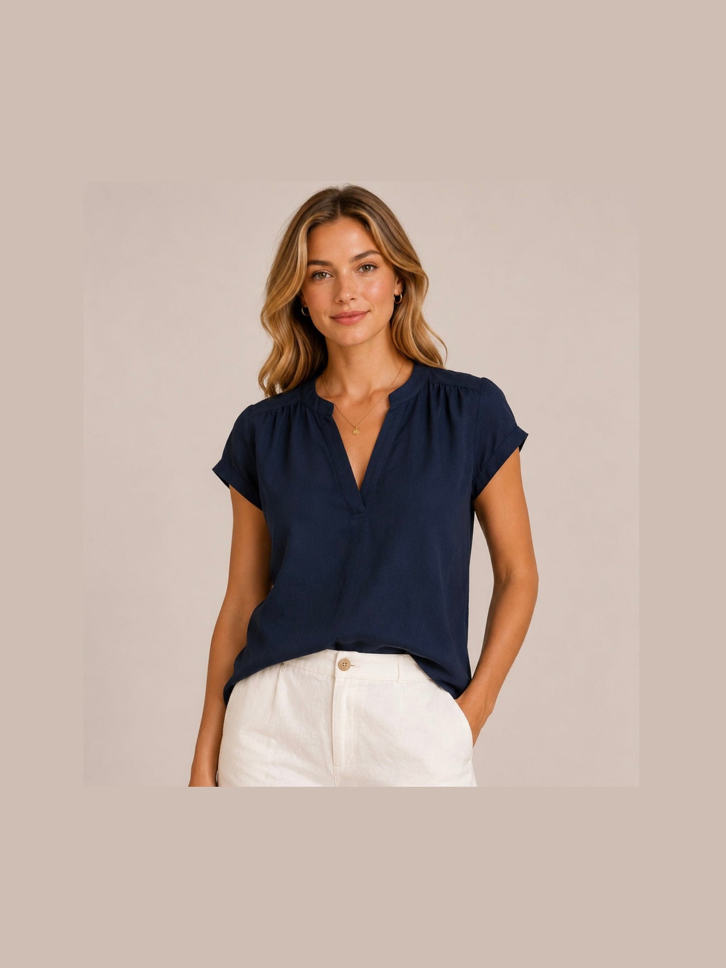 Navy V-Neck Blouse
