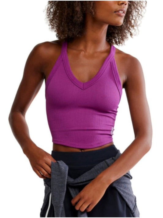 Magenta purple ribbed V-neck cropped cami with visible brand tag