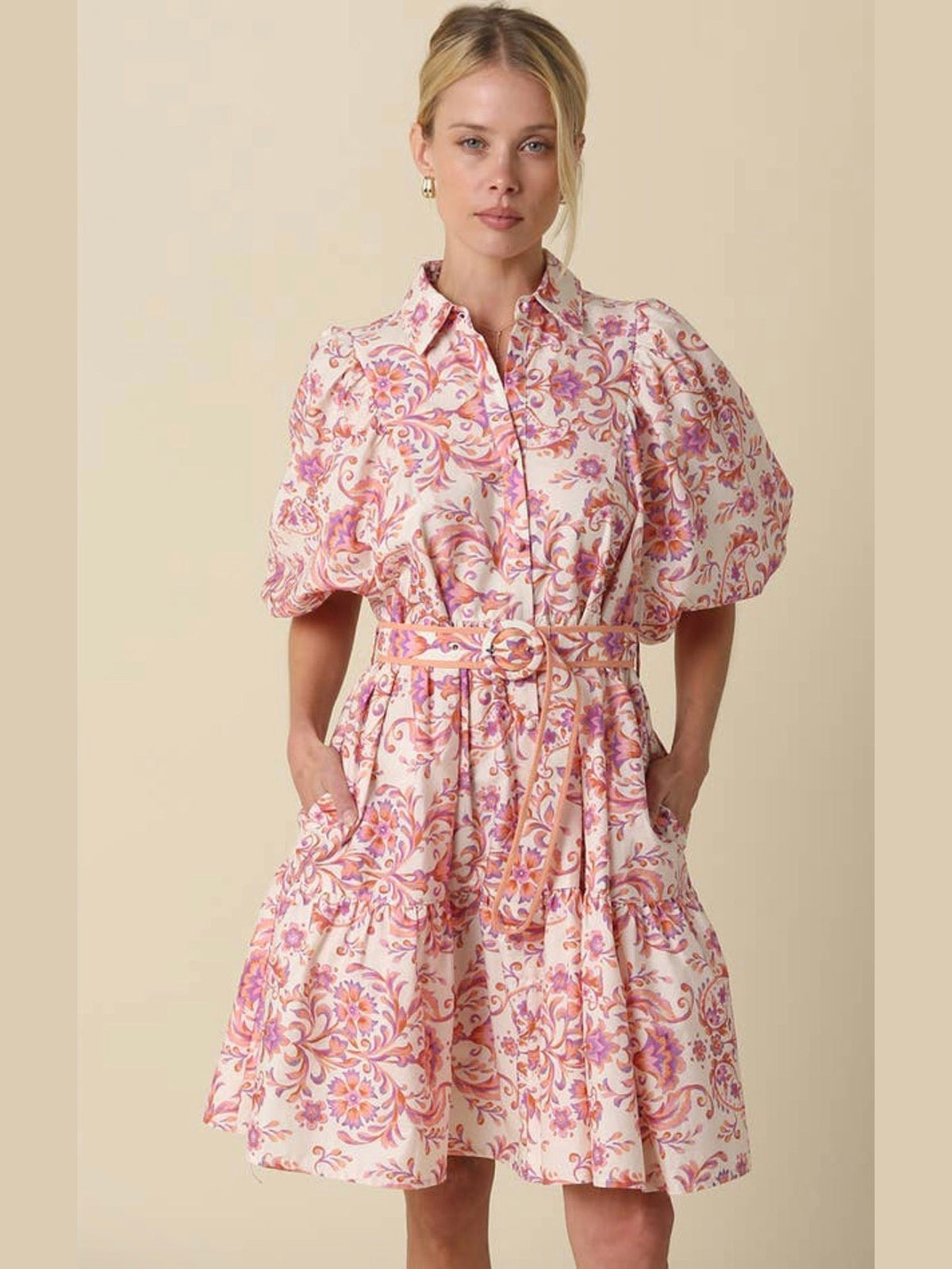 Apricot Puff Sleeve Dress