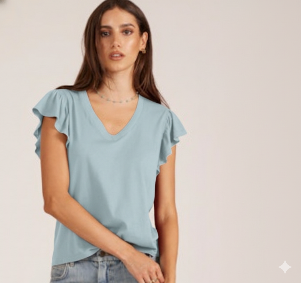 Vneck Flutter Sleeve Top - Cool Blue