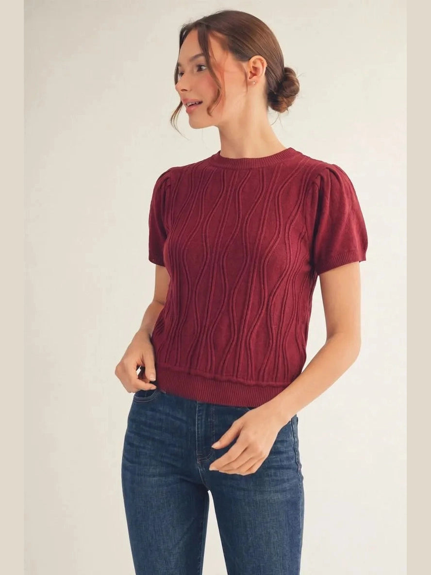 Short Sleeve Wave Sweater - Burgundy