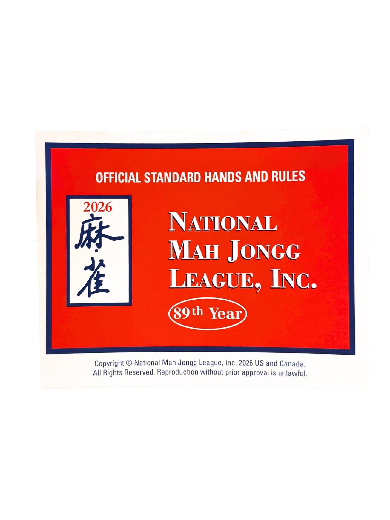 National Mah Jong 2026 Card Official Large Print in Plastic Sleeve