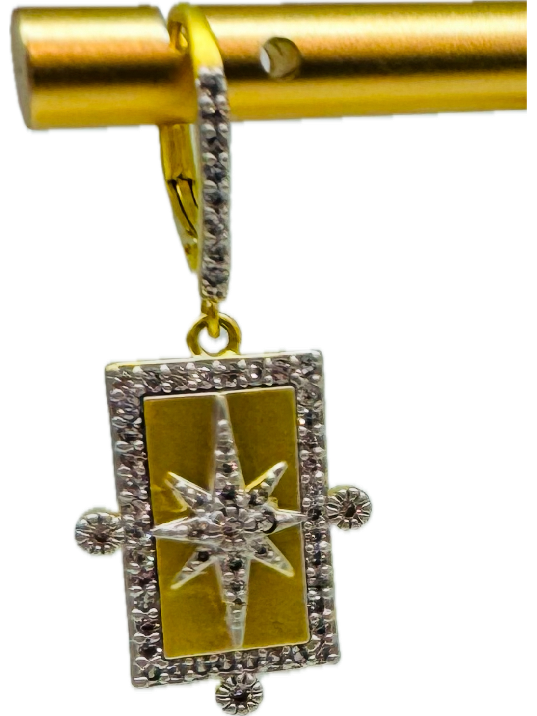 Gold and Silver Lever Rectangle Earrings w/Pave Trim