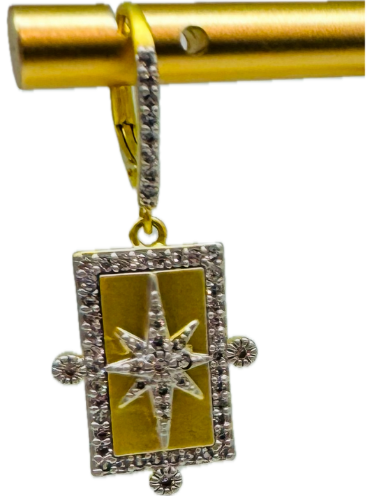 Gold and Silver Lever Rectangle Earrings w/Pave Trim