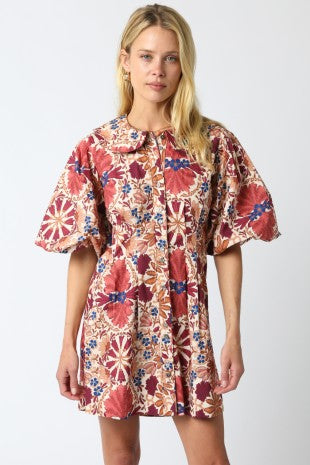 Rust Puff Sleeve Mini Dress