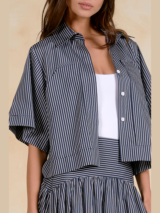 Navy Striped Button Front Top