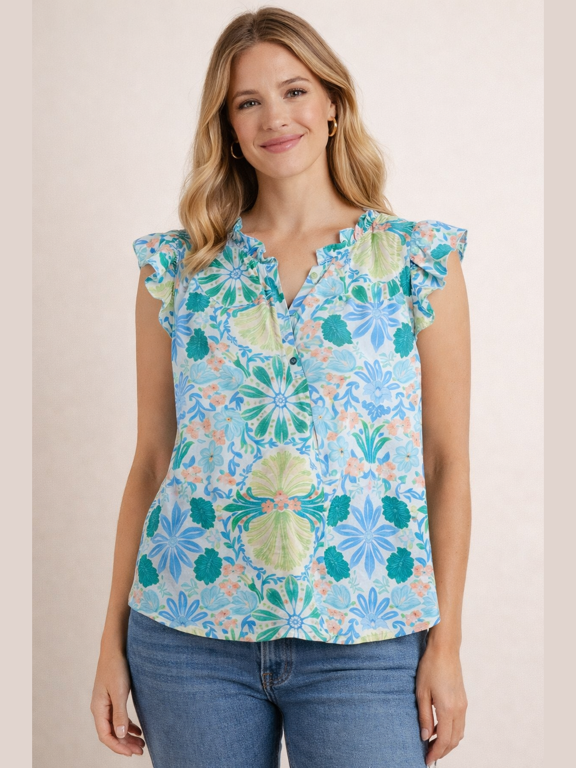 Lime Floral Flutter Sleeve Top