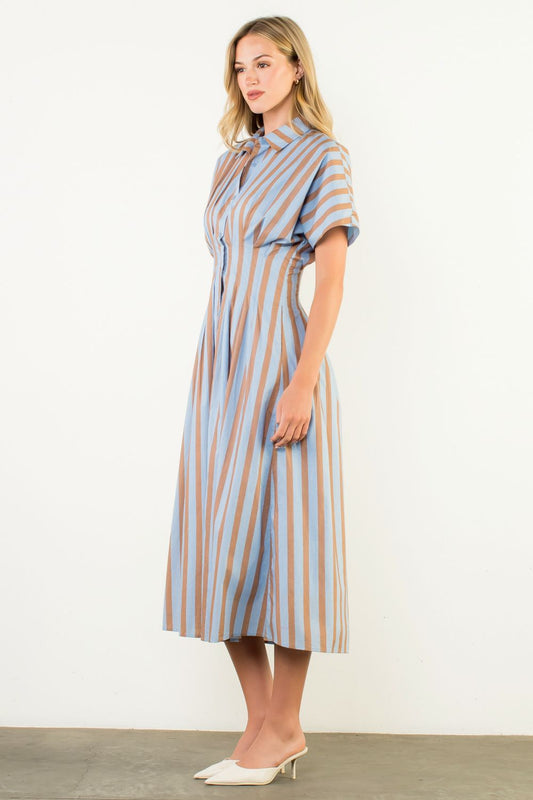 Blue and Tan Striped Button Up Maxi Dress