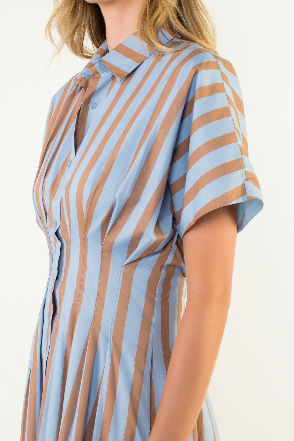 Blue and Tan Striped Button Up Maxi Dress