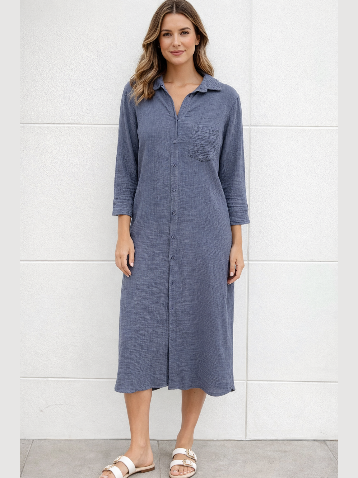 Button Front Gauze Shirt Dress