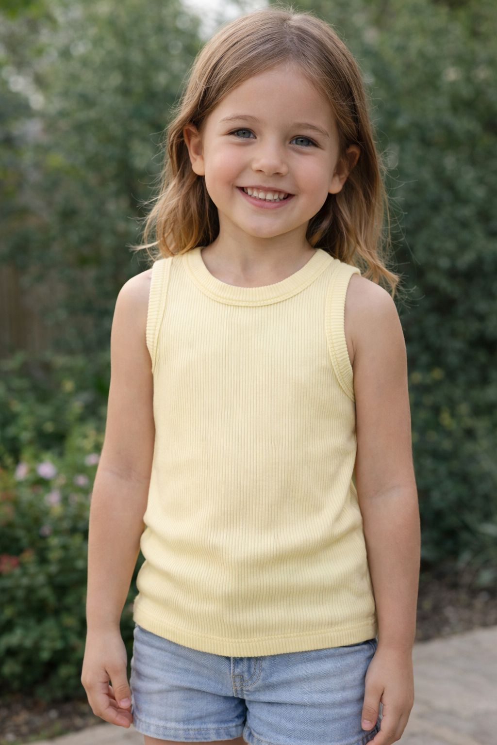 High Neck Ribbed Tank -Light Yellow