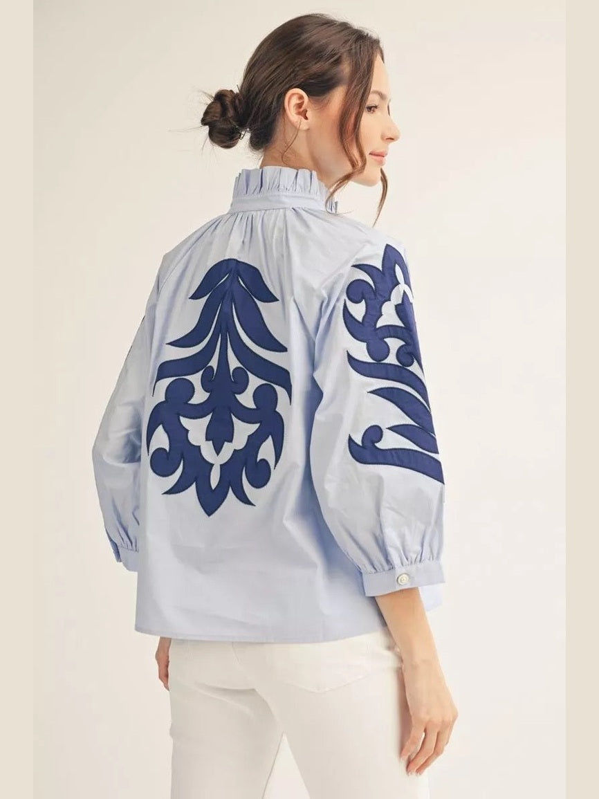 Light Blue Blouse with Navy Applique