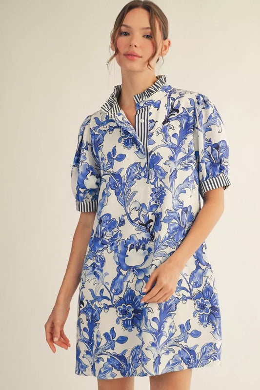 Short Sleeve Tropical Floral Mini Dress