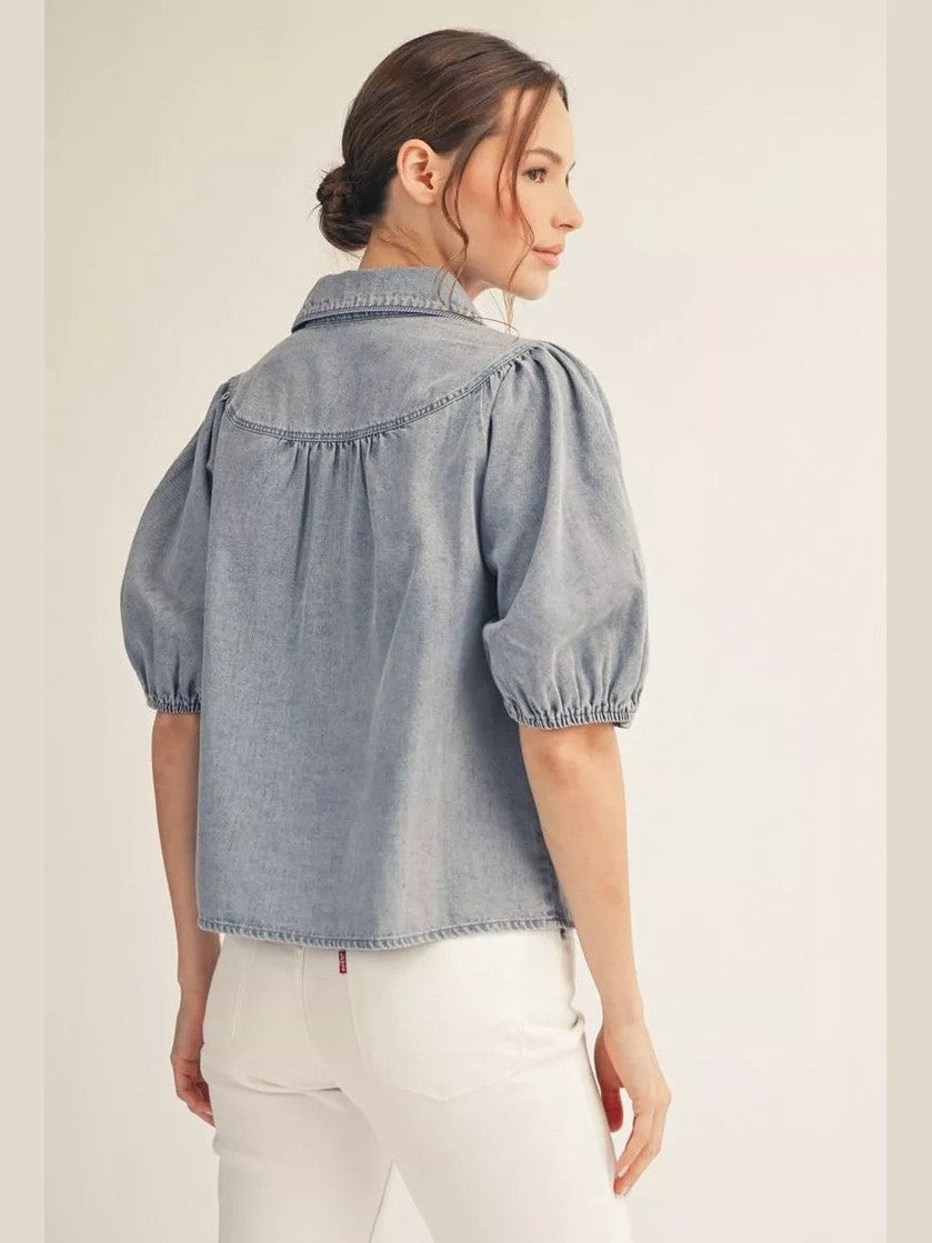 Puff Sleeved Denim Washed Button Down Top
