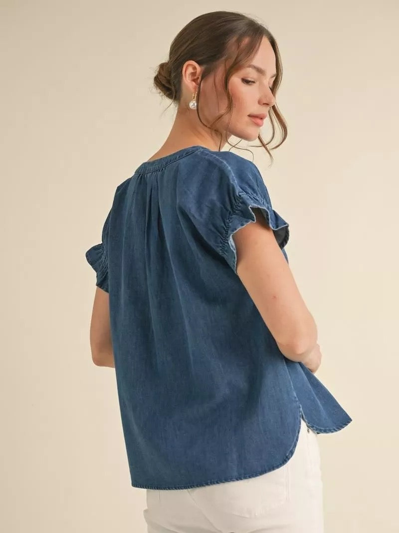 Denim Ruffle Sleeve Top