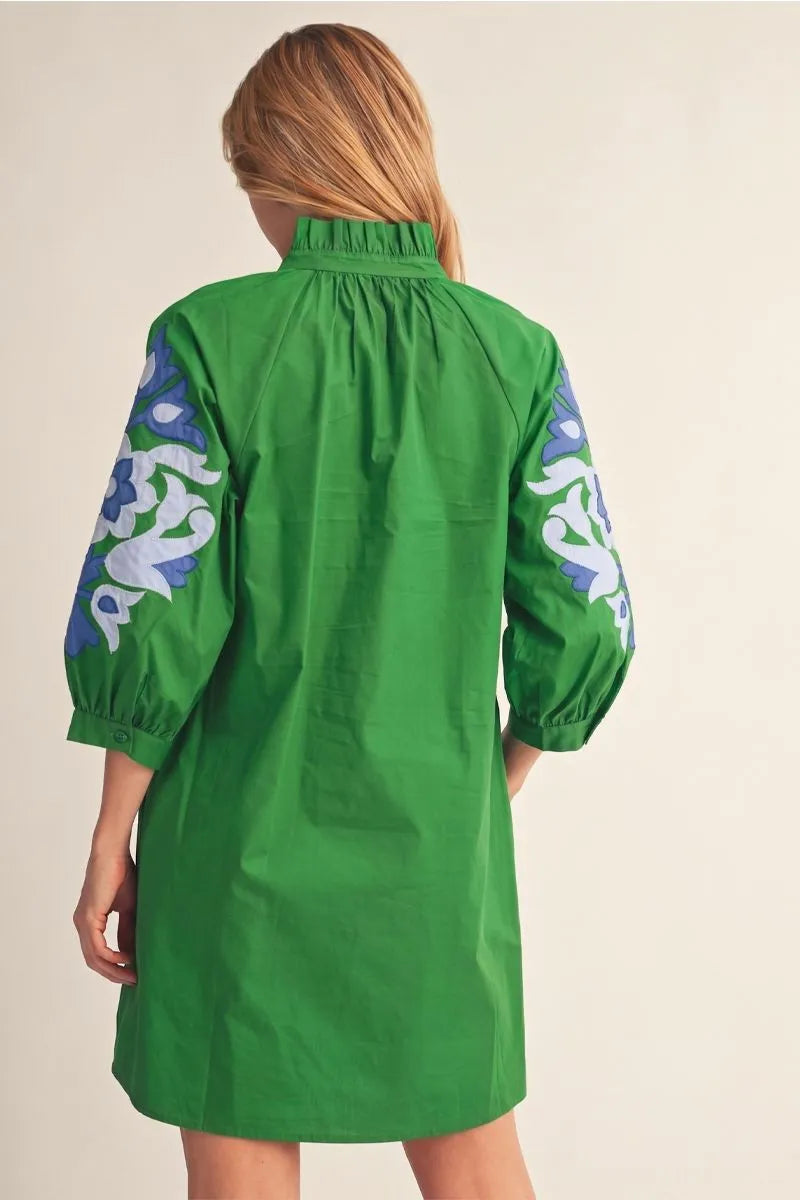 Applique Floral Mini Dress - Kelly Green