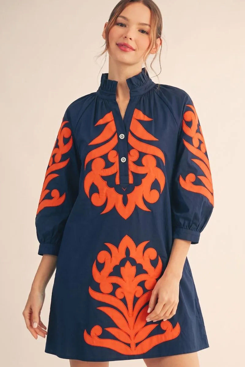 Applique Floral Mini Dress - Marine/Orange