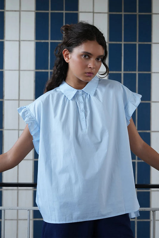 Light Blue Poplin Ruffle Sleeve Top
