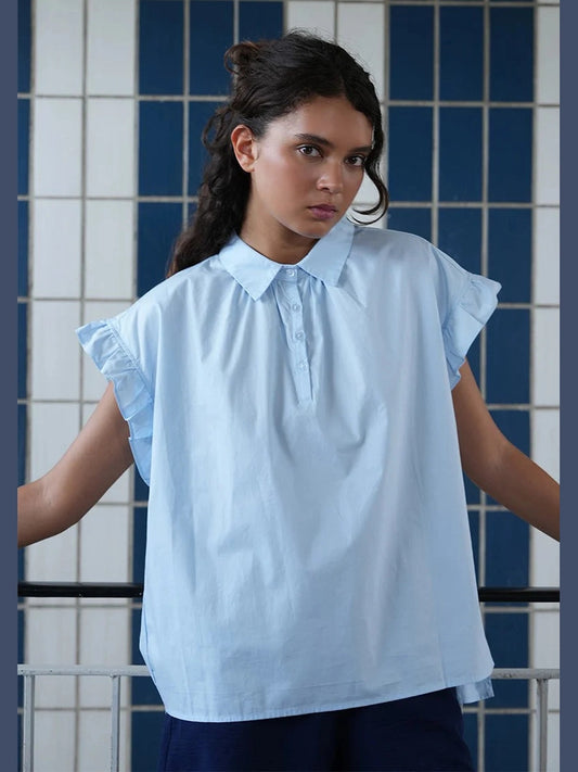 Light Blue Poplin Ruffle Sleeve Top